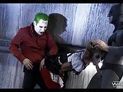 Link by Fivedollarfl with the username @Fivedollarfl,  June 24, 2020 at 10:42 AM and the text says 'Batman and Joker spitroast a hot teen Harley #cosplay #threesome #dicksuck #cock #teen #harleyquinn'