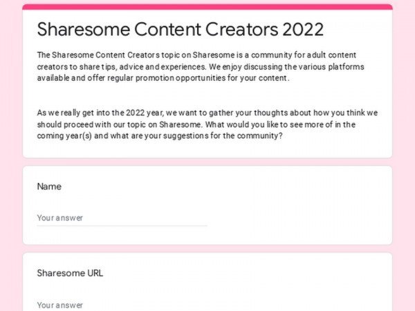 Link by ValerieRayne with the username @ValerieRayne, who is a star user,  April 14, 2022 at 12:15 PM. The post is about the topic Sharesome Content Creators and the text says 'We are constantly trying to improve the Sharesome Content Creators to make it a welcoming, informative and inclusive community for adult content creators across a wide range of platforms. 

And we want your help!

Come share your thoughts about our topic..'