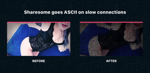 Link by Sharesome with the username @Sharesome, who is a admin user,  April 1, 2019 at 2:34 PM and the text says '💩💩 Are you on a very slow internet connection? We've got you covered! Introducing ⚡Sharesome ASCII⚡ - our revolutionary new way to browse porn on low bandwidth connections.
Starting this week, all users on slow connections will be transitioned to..'