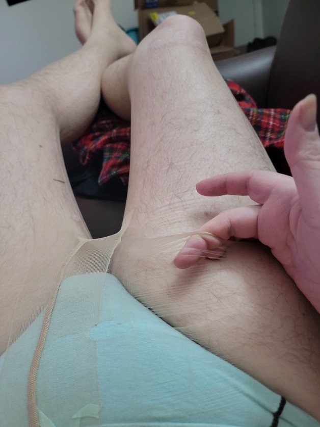 Photo by L5Z42Q with the username @L5Z42Q,  April 25, 2021 at 4:58 PM. The post is about the topic Crossdressing and the text says 'Just trying stockings. I'm going to need bigger ones, my fat thighs tore these up'