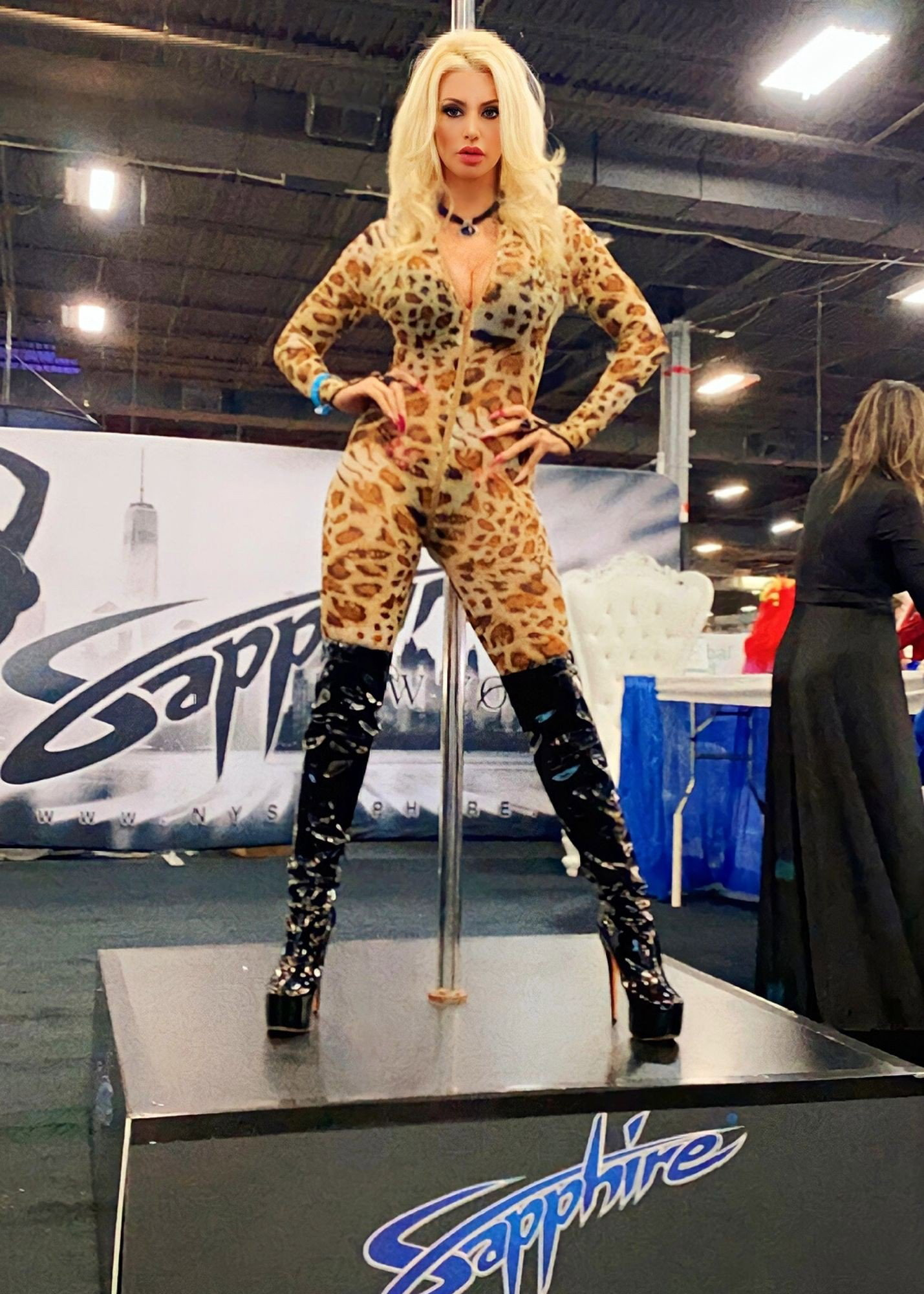 Photo by BrittanyAndrews with the username @BrittanyAndrews, who is a star user,  October 22, 2022 at 3:39 PM and the text says 'DAY 1 of @EXXXOTICA #EdisonNJ - Rockin' My Sexy Leopard Outfit & Black Boots at the Sapphire's Booth #ExxxoticaNJ #Exxxotica2022 #NewJersey #BrittanyAndrews'