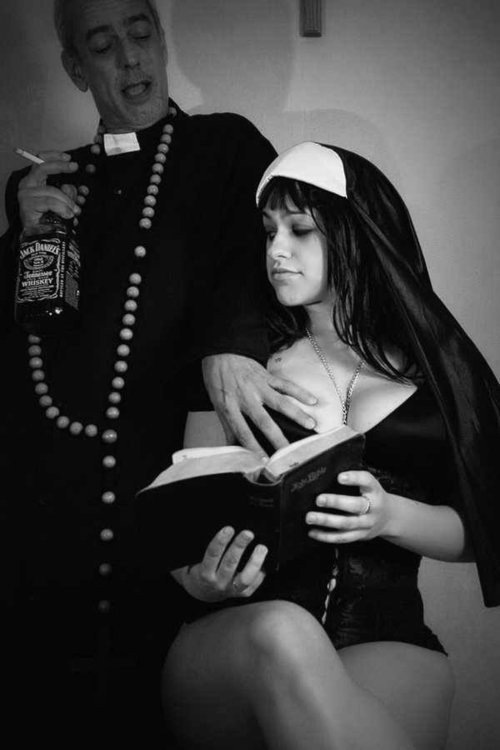 Photo by Schadenfreude with the username @Schadenfreude,  November 25, 2015 at 3:45 AM and the text says '#priest  #nun  #nsfw  #blasphemy  #religious  #themes  #couple  #hetero  #seated  #titty  #grab'
