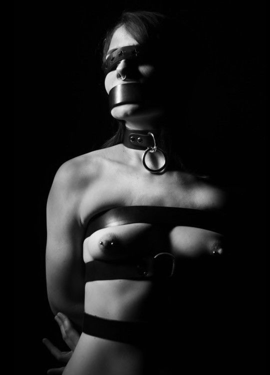 Photo by Schadenfreude with the username @Schadenfreude,  November 29, 2016 at 8:42 PM and the text says 'crixusnoir:♏ #female  #bound  #leather  #belts  #harness  #blindfold  #gagged  #collared  #gag  #collar  #lighting  #dynamic  #lighting'