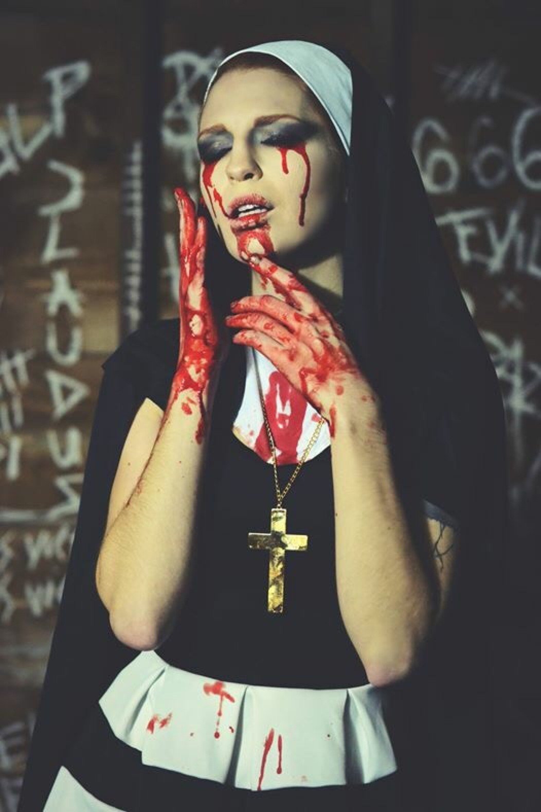 Photo by Schadenfreude with the username @Schadenfreude,  November 23, 2015 at 1:50 AM and the text says 'hjsteele:

Model @hjsteele
Photography by AP Skyline #nun  #blood  #macabre  #nsfw  #multi  #pic  #prayer'