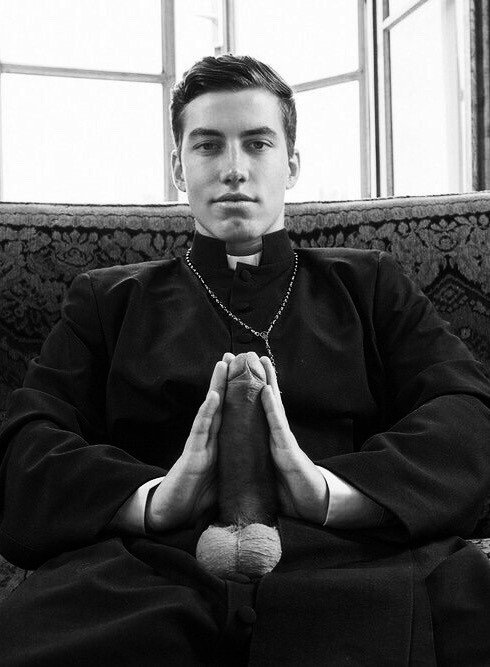 Photo by Schadenfreude with the username @Schadenfreude,  November 4, 2017 at 5:39 AM and the text says '#priest  #cock  #huge  #cock  #seated  #blasphemy'