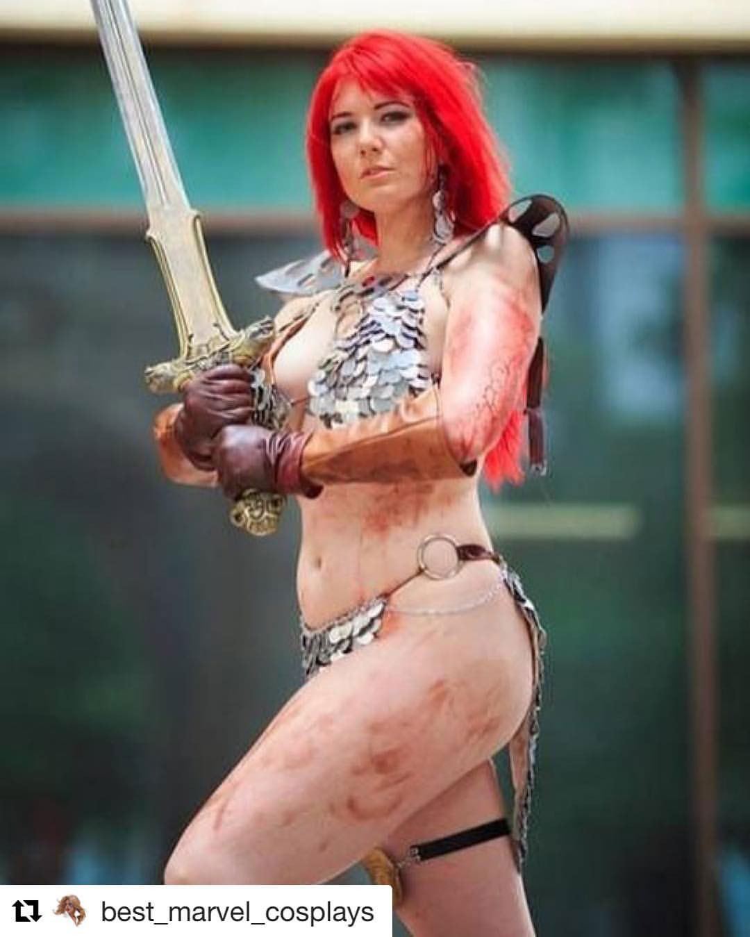 Photo by ColdWind with the username @ColdWind,  November 24, 2018 at 10:34 PM and the text says 'redsonjaofficial:

#Repost @best_marvel_cosplays 
・・・
Cosplayer: @queenriot  #redsonja #shedevilwithasword #redsonjacosplay #hyborianage #conanhttps://www.instagram.com/p/BqlD9dblQ_m/?utm_source=ig_tumblr_share&amp;igshid=1rtkhcikkm9jh'