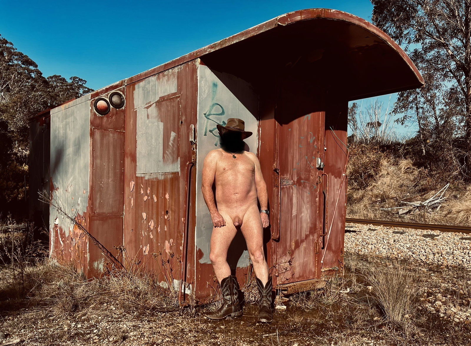 Photo by Nudehiker with the username @Nudehiker, who is a verified user,  July 26, 2023 at 7:59 AM. The post is about the topic Nudist Life and the text says 'Fun on the tracks'