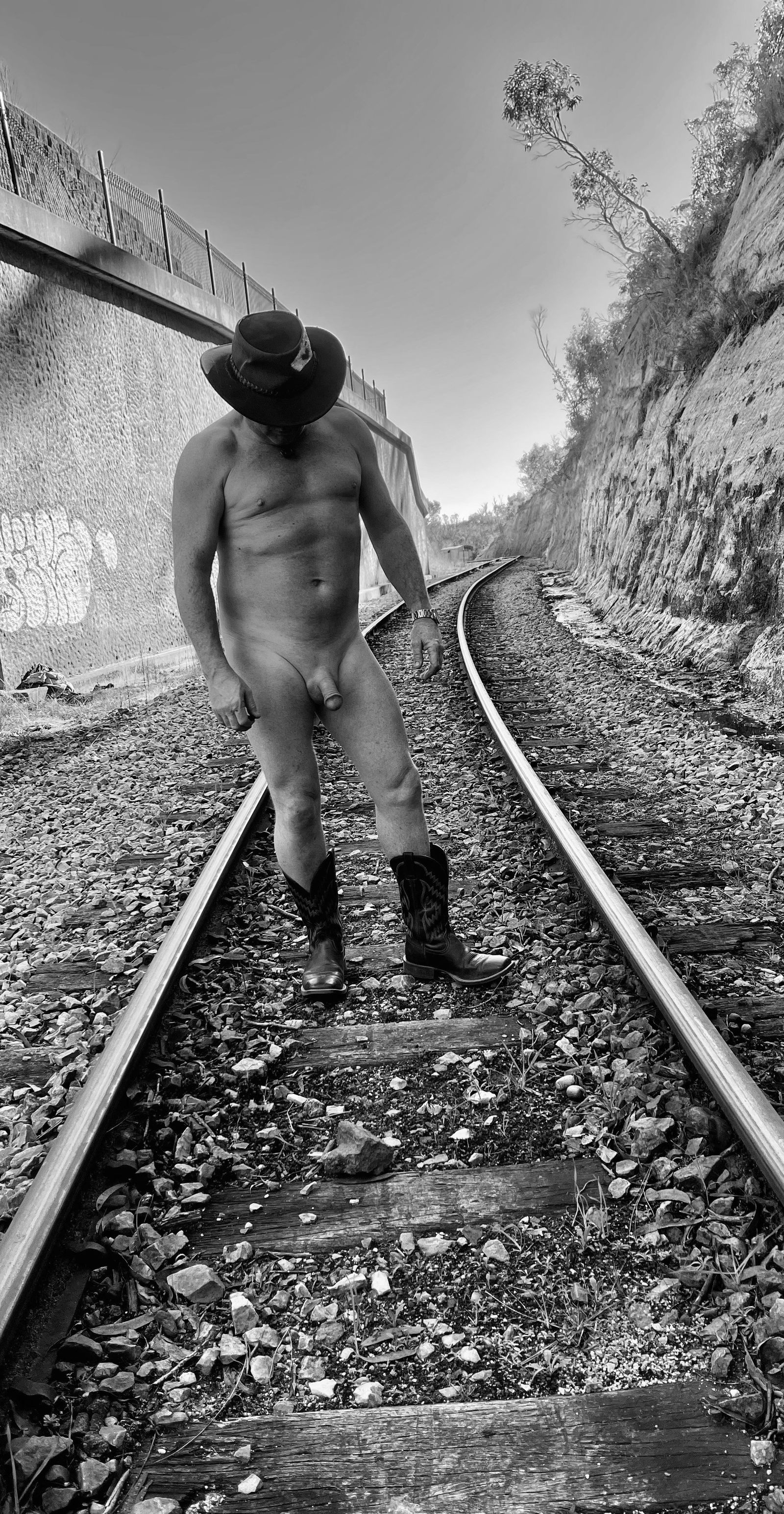 Photo by Nudehiker with the username @Nudehiker, who is a verified user,  July 26, 2023 at 7:59 AM. The post is about the topic Nudist Life and the text says 'Fun on the tracks'