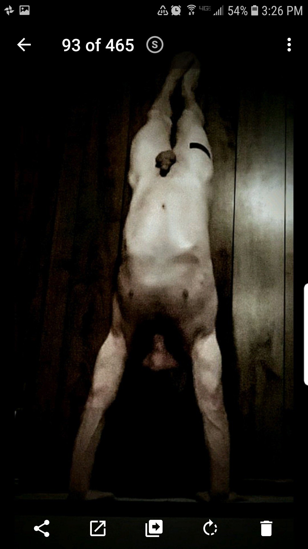 Photo by ArtOfNakedYoga with the username @ArtOfNakedYoga, who is a verified user,  December 10, 2018 at 9:27 PM and the text says '#yoga #me #nudeyoga #nakedyoga #handstand'