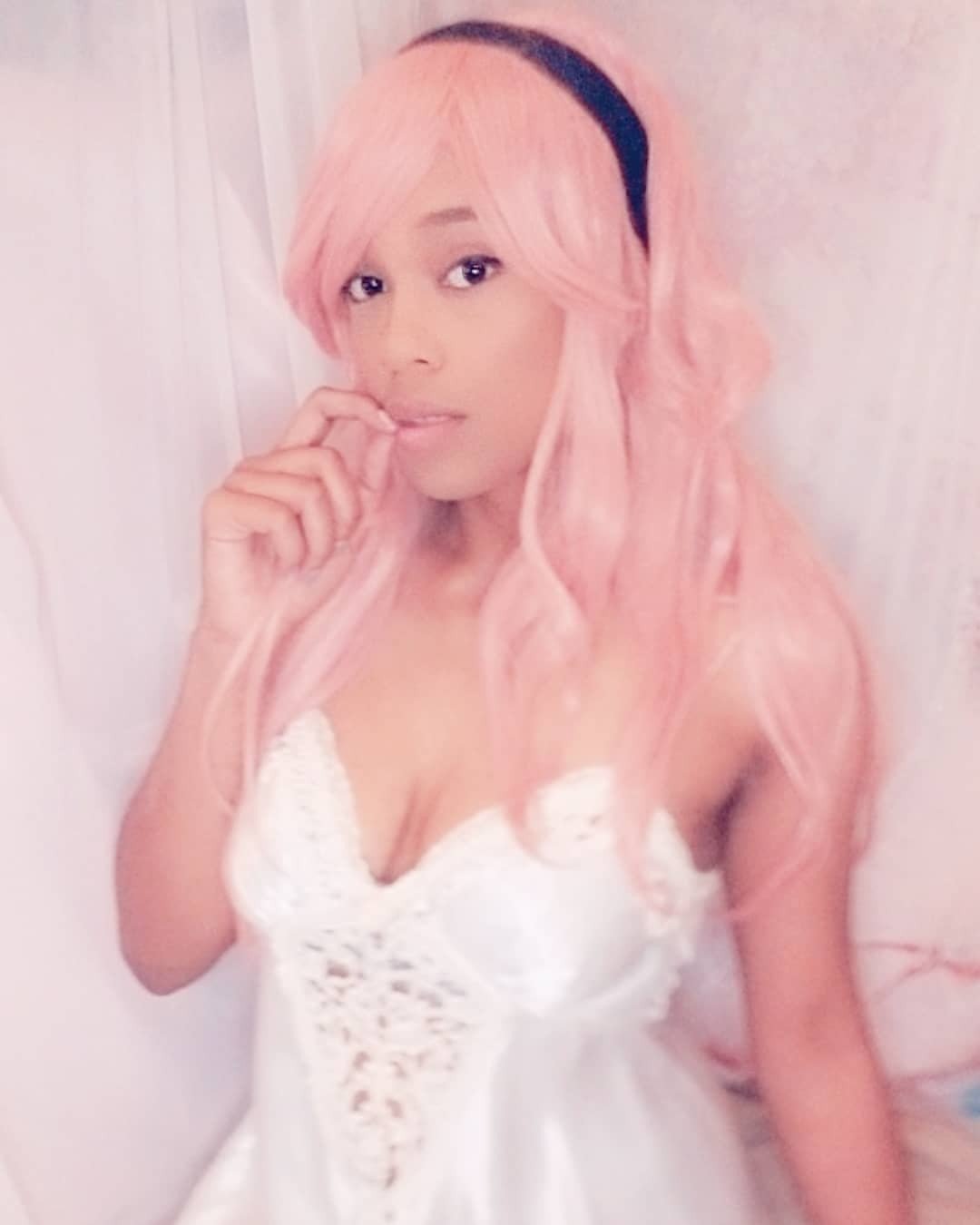 Photo by Yuki Izanami with the username @PrincessYuki, who is a star user,  September 21, 2020 at 9:47 PM and the text says '☁️ Midnight Dreaming ☁️
*
*
*
#blackgirlsarekawaii #pinkaesthetic #fairycore #aesthetic #selfie #photography #ａｅｓｔｈｅｔｉｃ #cosplay #kawaii #pink #vintageclothing #vintage'