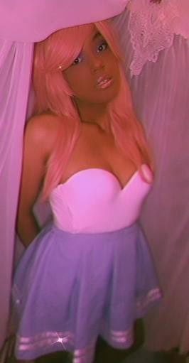 Album by Yuki Izanami with the username @PrincessYuki, who is a star user,  September 28, 2020 at 5:30 PM and the text says 'A Megurine Luka (Vocaloid) cosplay
*
*
#vocaloid #cosplay #ebony #kawaii #pastel #fetish'