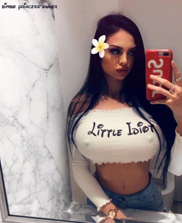 Photo by forprime with the username @forprime,  September 9, 2018 at 10:09 PM and the text says 'bimboprincessowner2:

Little idiot.

Love the way her nipples are poking through her shirt. Her makeup is also on point and damn sexy. She just needs to show a bit more cleavage. #nipples  #disney  #font  #bimbo  #brunette  #makeup  #perfect  #makeup..'