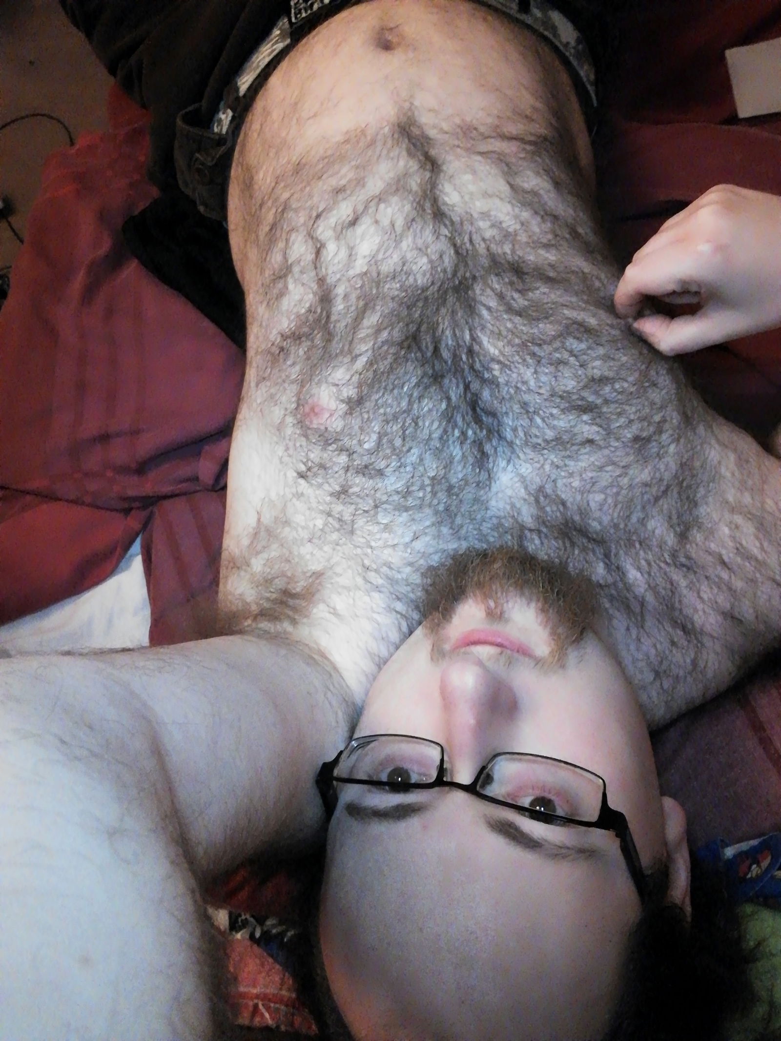 Photo by CatBoi with the username @CatBoi, who is a verified user,  December 13, 2018 at 6:12 PM and the text says 'Having a lie down
#bed #seminude #nonnude #hairy #nippletweak #nipplepinch #nippletweek'