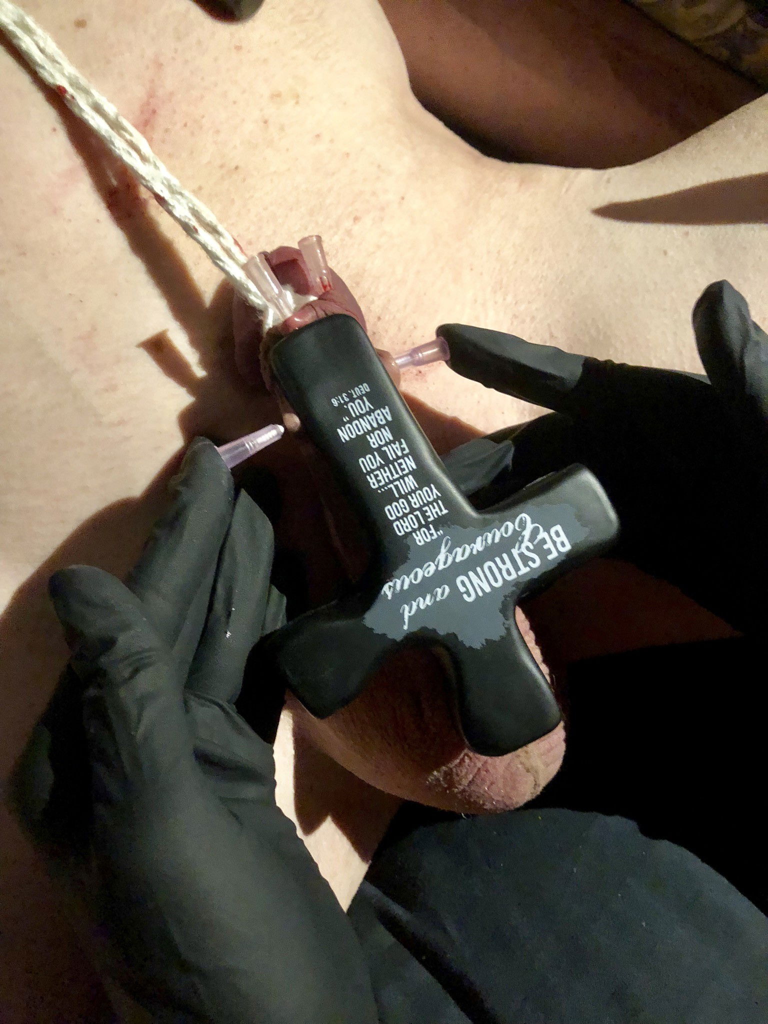 Photo by MistressMatisse with the username @MistressMatisse, who is a verified user,  December 11, 2018 at 7:59 AM and the text says 'The beginning of the Penis  Crucifixion !'