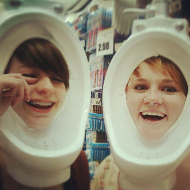 Photo by urodisco with the username @urodisco,  April 19, 2013 at 8:25 AM and the text says 'ipstanding:

Looking at the #photos on my #phone and found this, the day Camille and I #dressedup as men’s #urinals :’) Ahhh man #giggles all round good ol’ #unclebills by m0bear http://bit.ly/15qEuZG
 #urinal  #human  #girls  #piss  #pissing..'