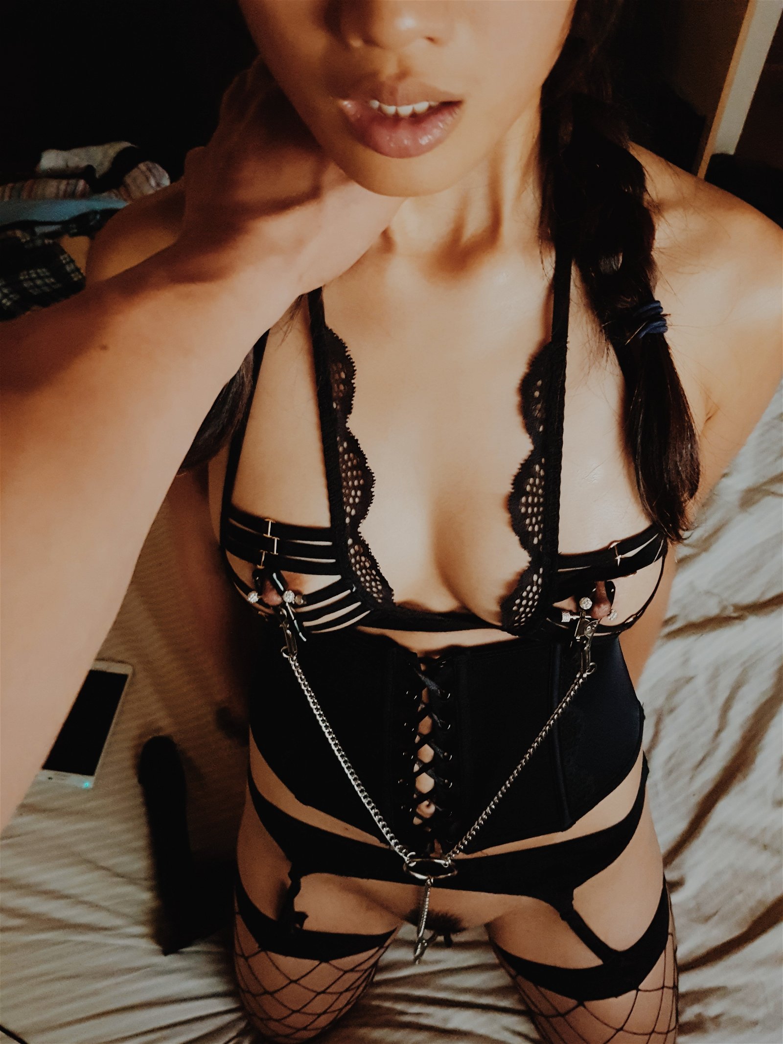 Photo by Akobw with the username @Akobw,  January 20, 2018 at 2:29 PM and the text says 'daddysfacefuckprincess:

Daddy’s good little slave #asian  #girl  #Bdsm  #Pierced  #nipples  #Nipple  #clamps  #Toys  #Bondage  #Nipple  #play  #Sexy  #Fit  #Horny  #Asian  #Real  #couple  #black  #lingerie  #garter  #belt  #stockings  #pantieless  #dd/lg..'