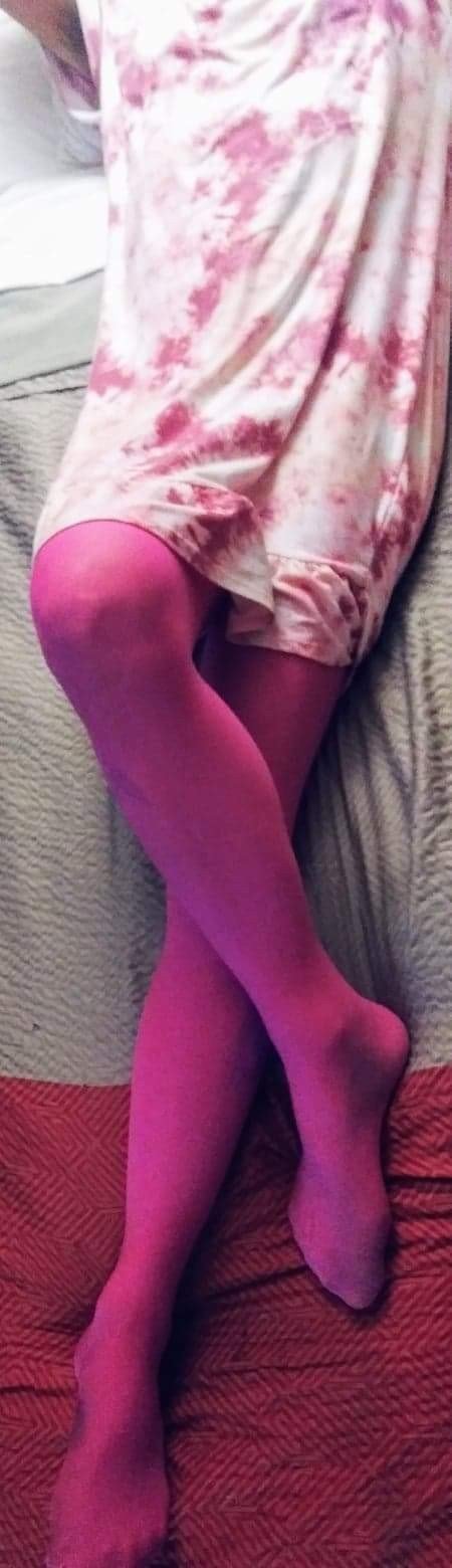 Photo by Tijydickcuck with the username @Tijydickcuck,  April 2, 2021 at 6:19 AM and the text says 'Me wearing my pink dress an pink tights'