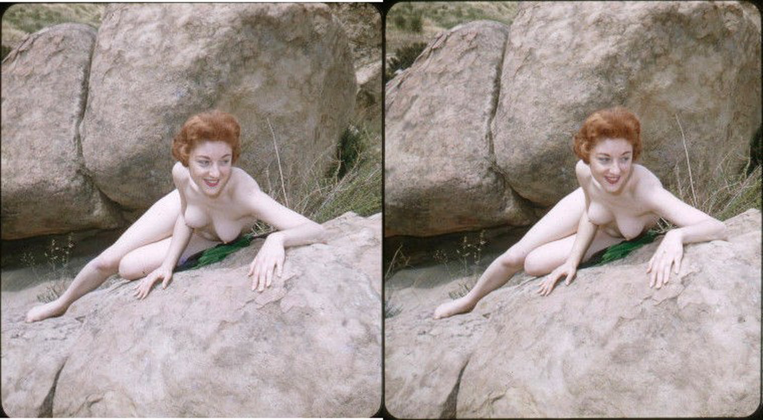 Photo by HornyFollower with the username @HornyFollower, who is a verified user, posted on January 17, 2019. The post is about the topic Naked Slides: 1950 - 1970 and the text says 'Another 3D Stereoscopic slide.
Hint: Try crossing your eyes slightly until the two images overlap the 'middle' image should appear to be 3D!'