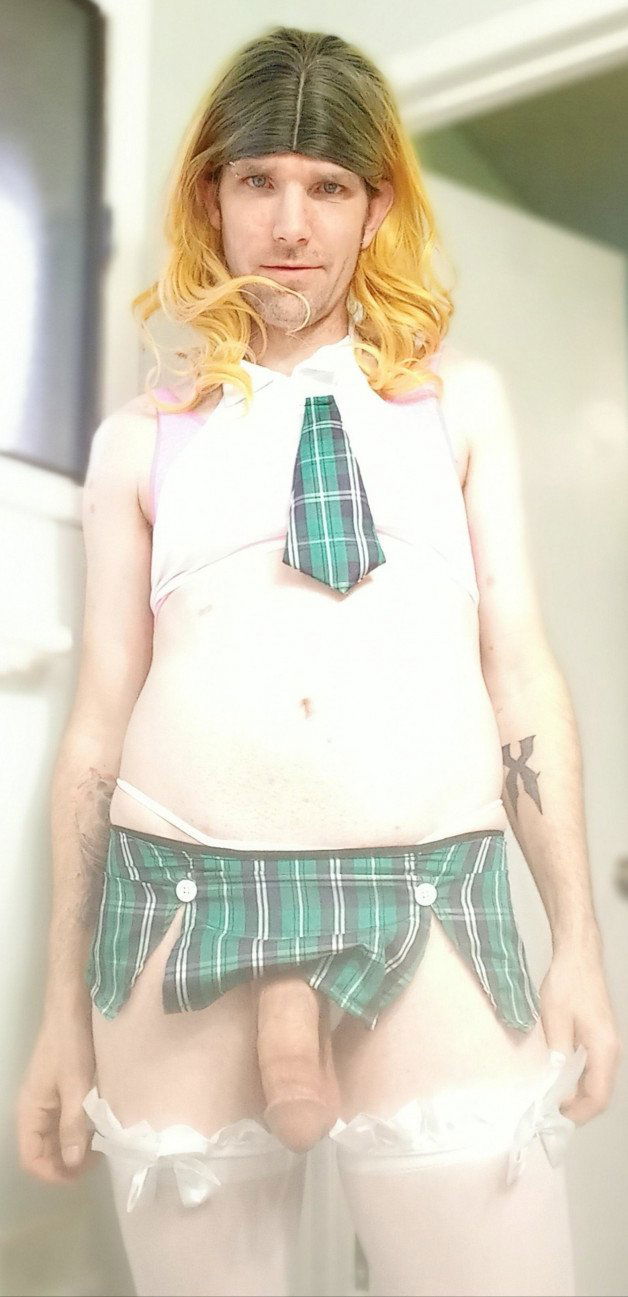 Photo by DeliciousDelilah with the username @DeliciousDelilah, who is a star user,  May 9, 2021 at 1:55 AM and the text says 'Slutty School Girl!
#schoolgirl #slut #crossdresser #crossdress #sexy #bigdick #miniskirt #blonde #calgary #crossdressing'