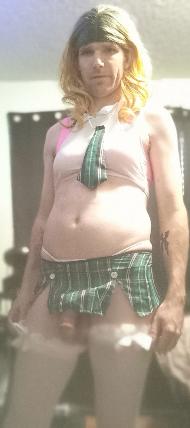 Photo by DeliciousDelilah with the username @DeliciousDelilah, who is a star user,  May 9, 2021 at 1:55 AM and the text says 'Slutty School Girl!
#schoolgirl #slut #crossdresser #crossdress #sexy #bigdick #miniskirt #blonde #calgary #crossdressing'