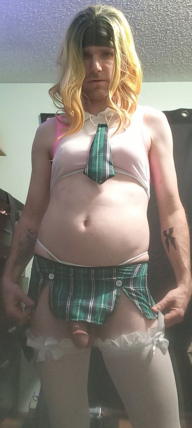 Photo by DeliciousDelilah with the username @DeliciousDelilah, who is a star user,  May 9, 2021 at 1:55 AM and the text says 'Slutty School Girl!
#schoolgirl #slut #crossdresser #crossdress #sexy #bigdick #miniskirt #blonde #calgary #crossdressing'