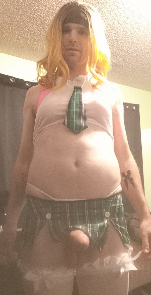 Photo by DeliciousDelilah with the username @DeliciousDelilah, who is a star user,  May 9, 2021 at 1:55 AM and the text says 'Slutty School Girl!
#schoolgirl #slut #crossdresser #crossdress #sexy #bigdick #miniskirt #blonde #calgary #crossdressing'