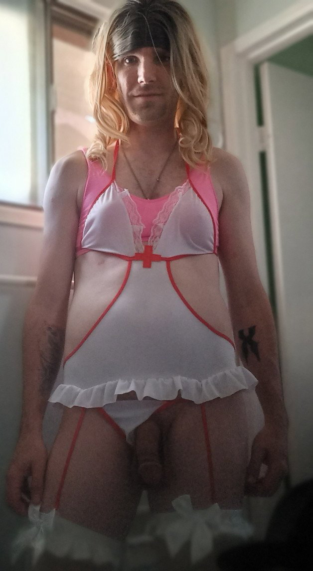 Photo by DeliciousDelilah with the username @DeliciousDelilah, who is a star user,  May 16, 2021 at 5:41 AM and the text says '#crossdresser #nurse #sexynurse #sexy #crossdress #bigdick #niceass #blonde'