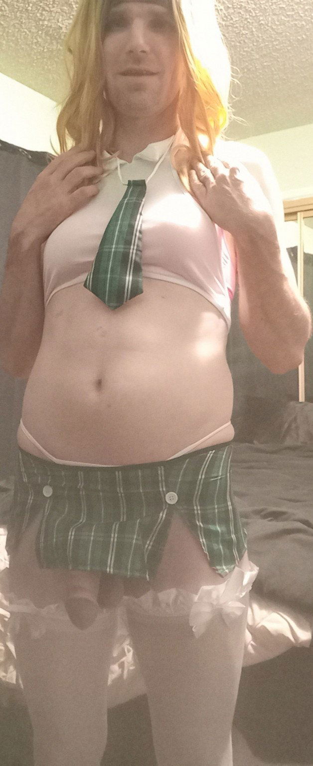 Photo by DeliciousDelilah with the username @DeliciousDelilah, who is a star user,  May 9, 2021 at 1:55 AM and the text says 'Slutty School Girl!
#schoolgirl #slut #crossdresser #crossdress #sexy #bigdick #miniskirt #blonde #calgary #crossdressing'