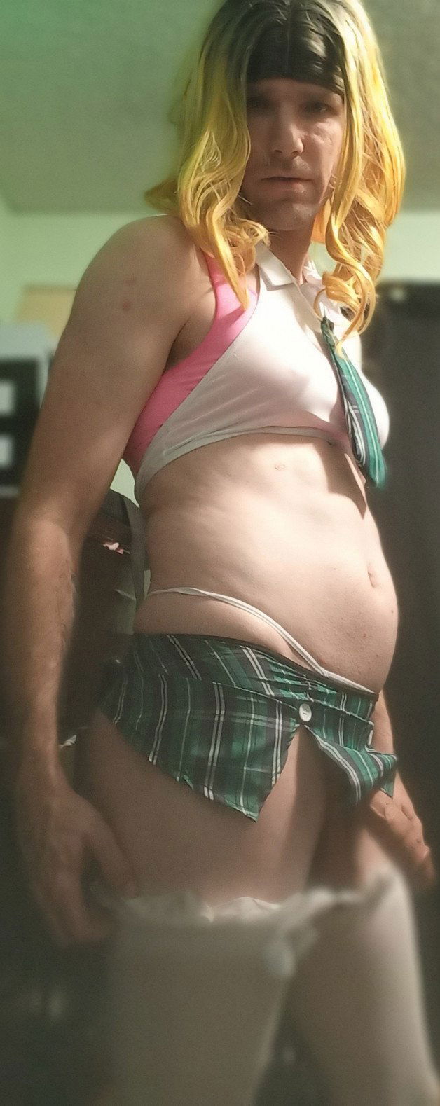 Photo by DeliciousDelilah with the username @DeliciousDelilah, who is a star user,  May 9, 2021 at 1:55 AM and the text says 'Slutty School Girl!
#schoolgirl #slut #crossdresser #crossdress #sexy #bigdick #miniskirt #blonde #calgary #crossdressing'