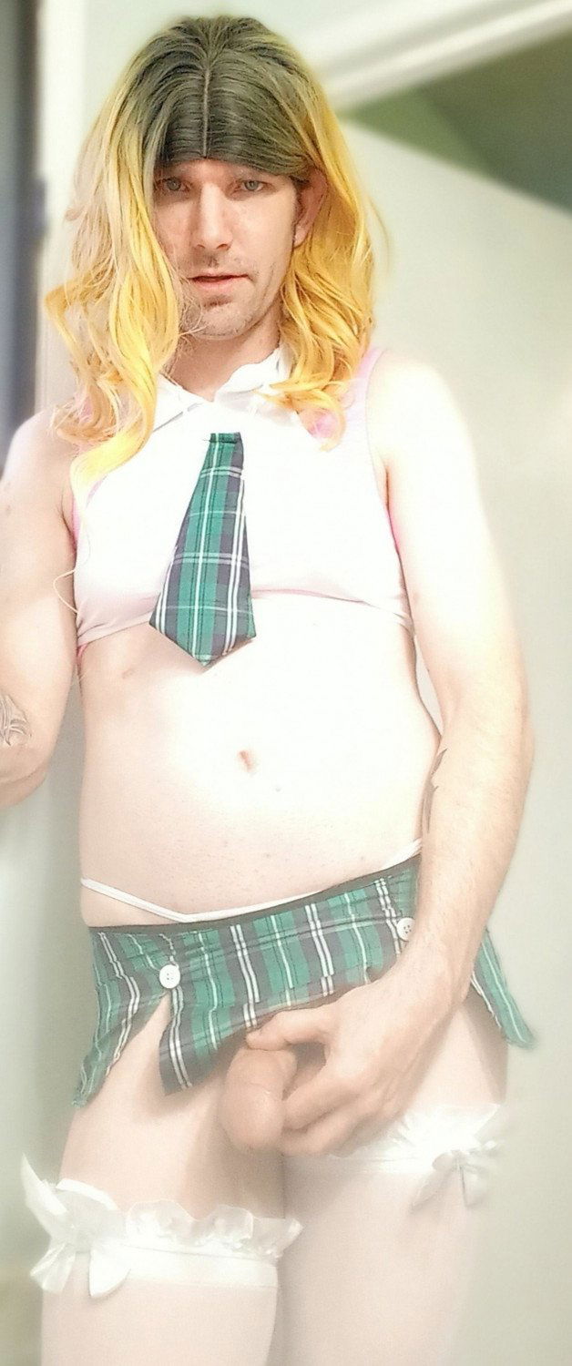 Photo by DeliciousDelilah with the username @DeliciousDelilah, who is a star user,  May 9, 2021 at 1:55 AM and the text says 'Slutty School Girl!
#schoolgirl #slut #crossdresser #crossdress #sexy #bigdick #miniskirt #blonde #calgary #crossdressing'