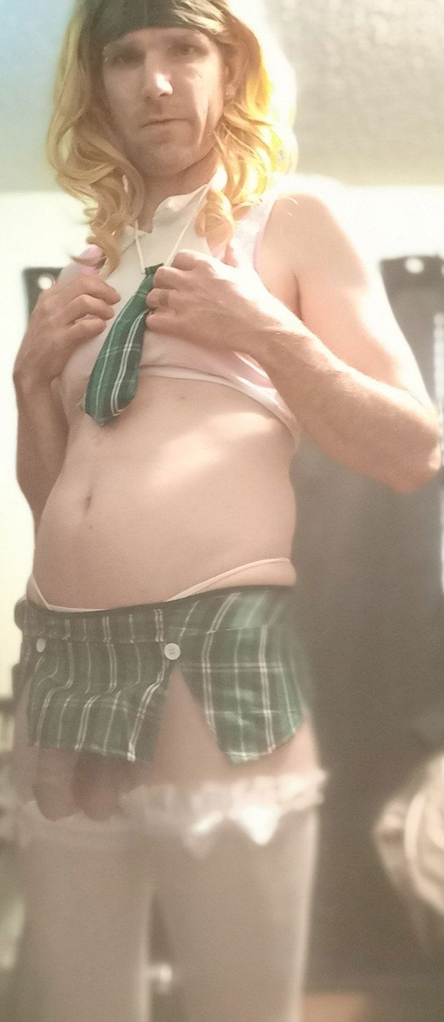 Photo by DeliciousDelilah with the username @DeliciousDelilah, who is a star user,  May 9, 2021 at 1:55 AM and the text says 'Slutty School Girl!
#schoolgirl #slut #crossdresser #crossdress #sexy #bigdick #miniskirt #blonde #calgary #crossdressing'