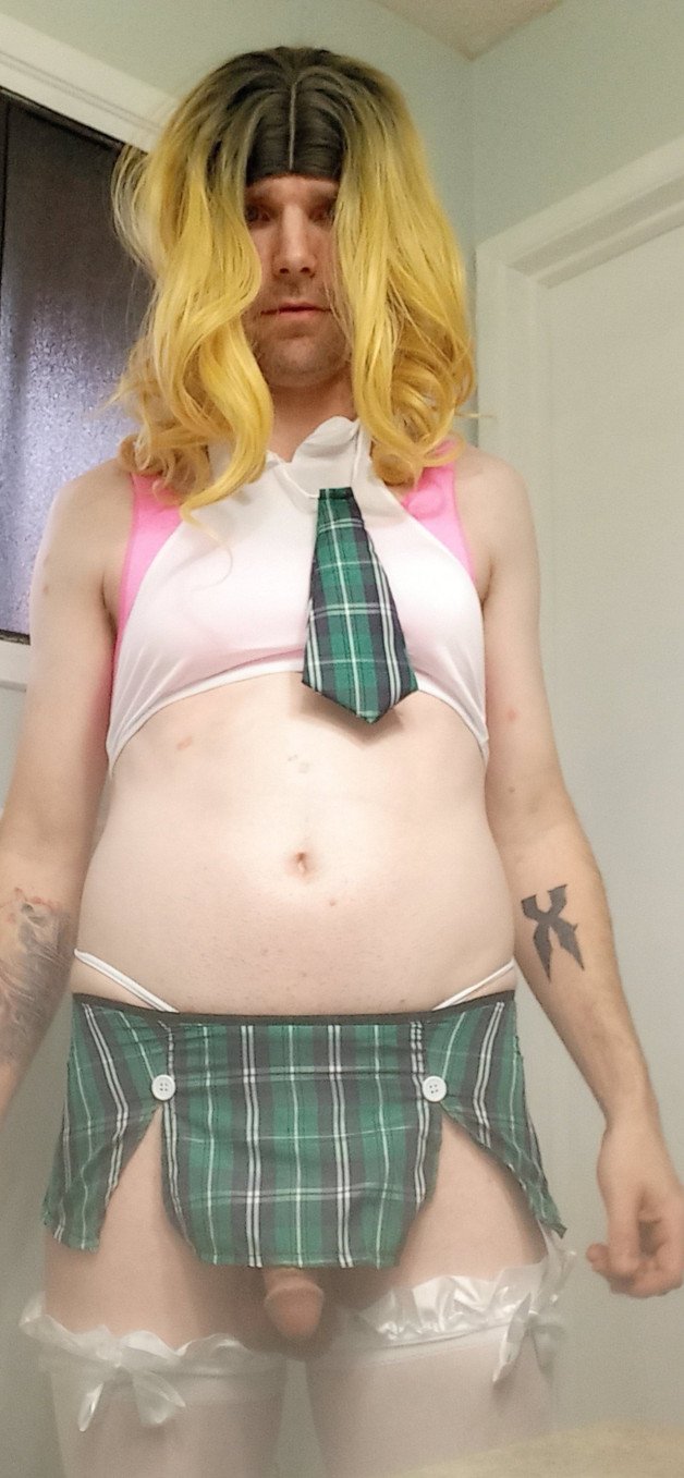 Photo by DeliciousDelilah with the username @DeliciousDelilah, who is a star user,  May 9, 2021 at 1:55 AM and the text says 'Slutty School Girl!
#schoolgirl #slut #crossdresser #crossdress #sexy #bigdick #miniskirt #blonde #calgary #crossdressing'