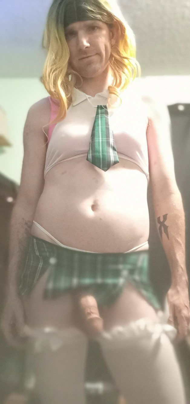 Photo by DeliciousDelilah with the username @DeliciousDelilah, who is a star user,  May 9, 2021 at 1:55 AM and the text says 'Slutty School Girl!
#schoolgirl #slut #crossdresser #crossdress #sexy #bigdick #miniskirt #blonde #calgary #crossdressing'