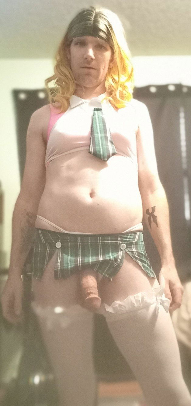 Photo by DeliciousDelilah with the username @DeliciousDelilah, who is a star user,  May 9, 2021 at 1:55 AM and the text says 'Slutty School Girl!
#schoolgirl #slut #crossdresser #crossdress #sexy #bigdick #miniskirt #blonde #calgary #crossdressing'