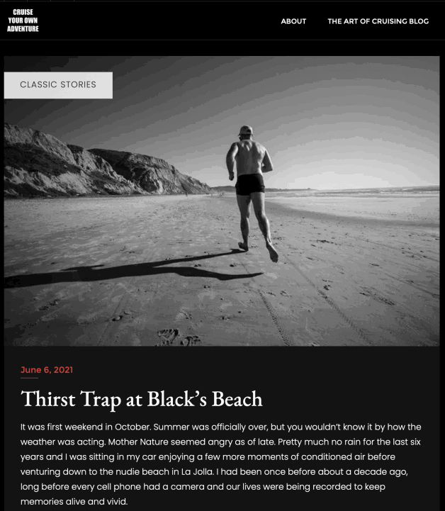 Photo by Boots Bryant with the username @bootsbryant77, who is a verified user,  June 6, 2021 at 6:49 PM and the text says 'New story added to my site: THIRST TRAP AT BLACK'S BEACH http://cruiseyourownadventure.online/?p=184'