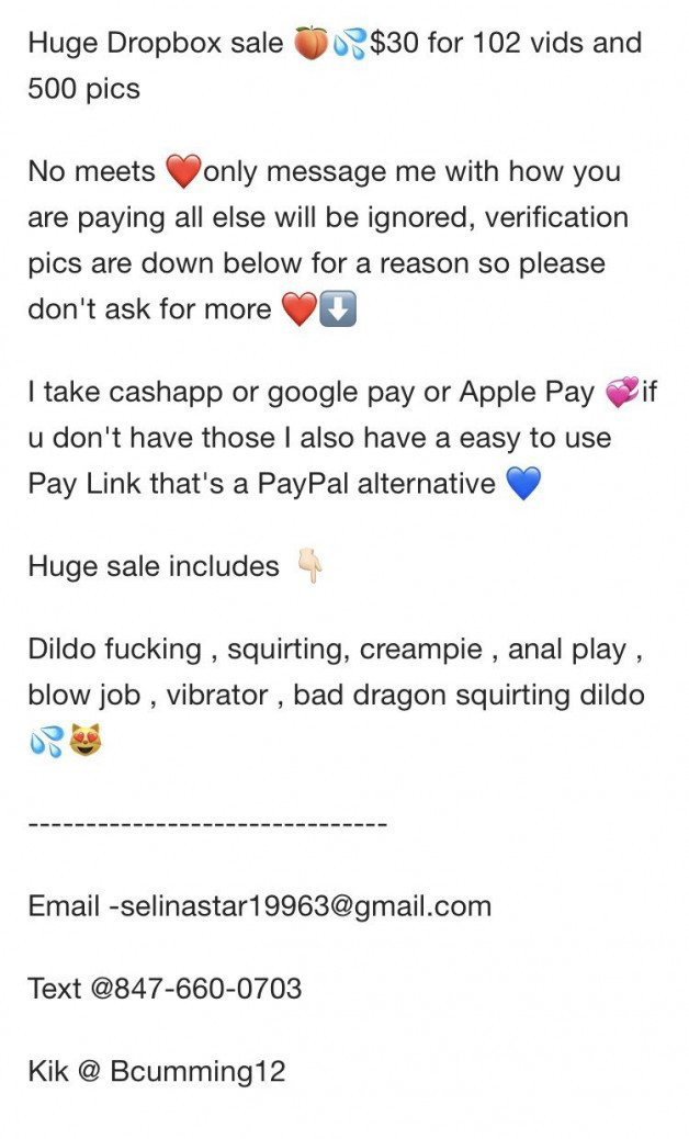 Photo by Selina19963 with the username @Selina19963, who is a star user,  September 16, 2021 at 3:44 PM. The post is about the topic Reddit XXX Photos and the text says 'Huge Dropbox sale , $30 for 102 vids and 500 pics 	
	
Absolutely no meets so please don't ask 	
	
I take square paylink which is a PayPal alternative link down below 	
I also take Cashapp , google pay and Apple Pay ❤️..'