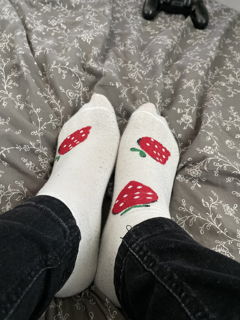 Photo by LovelyLynette with the username @LovelyLynette, who is a verified user,  October 3, 2021 at 7:58 PM. The post is about the topic Socks and the text says 'You like my lil strawberry socks? 🥺🥺'