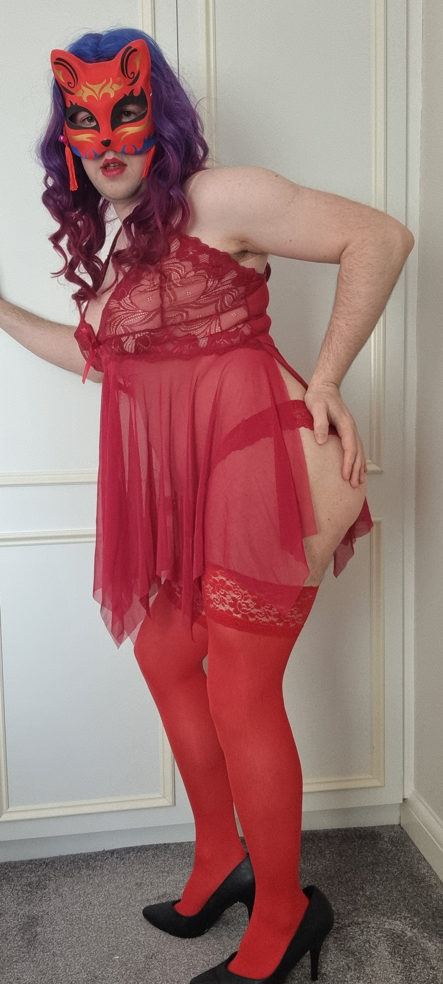 Album by Lexavier with the username @Lexavier, who is a verified user,  April 3, 2024 at 8:00 PM. The post is about the topic Crossdressers and the text says 'Yay we're off again! Red red red. Starting slow and hitting the good stuff later. Enjoy and as always, send me a message if you see something you like!

This was the outfit I would have worn to the hotel room with the nice man until the nice man stood..'