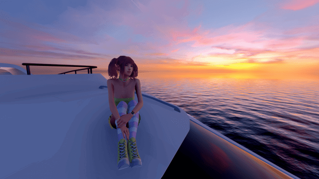 Photo by Suada with the username @suada,  July 9, 2021 at 8:25 PM. The post is about the topic 3dxchat and the text says '3DXChat's server was down for over an hour... So I just had the big yacht all to myself, enjoying my exclusive sunset on the roof'