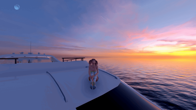 Photo by Suada with the username @suada,  July 9, 2021 at 8:25 PM. The post is about the topic 3dxchat and the text says '3DXChat's server was down for over an hour... So I just had the big yacht all to myself, enjoying my exclusive sunset on the roof'