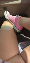 Photo by Hitgirly with the username @Hitgirly, who is a verified user,  August 7, 2022 at 6:12 PM. The post is about the topic Hotwife and the text says 'U like my new kicks?  A pretty pink 😜'