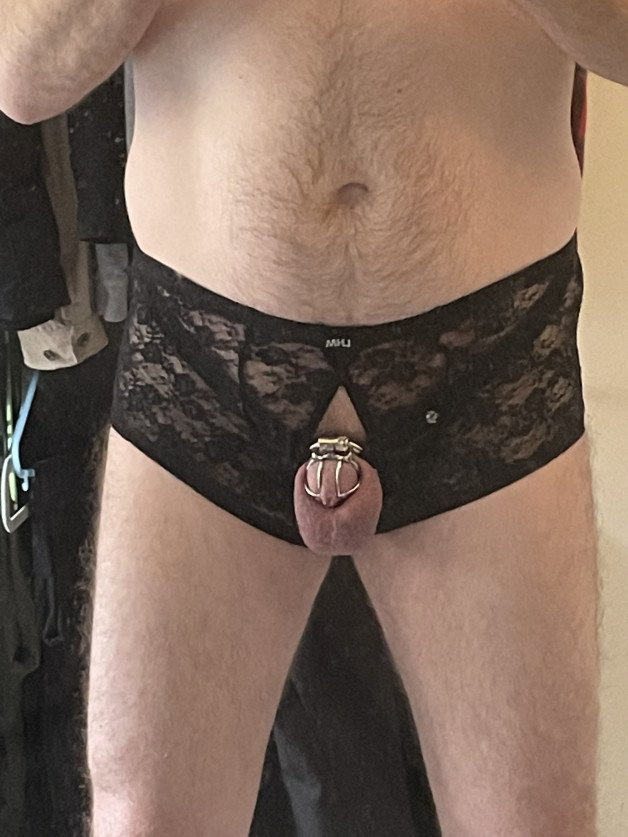 Photo by funkycoldribena with the username @funkycoldribena,  March 21, 2023 at 9:13 AM. The post is about the topic Sissy Chastity and the text says 'Here's my little clitty in my pretty panties'