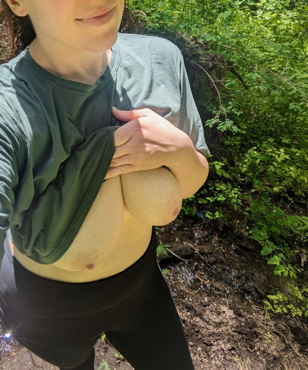 Photo by Bustybeauty with the username @Bustybeauty, who is a verified user,  May 27, 2023 at 9:48 PM. The post is about the topic Beautiful Breasts and the text says 'It's a beautiful day to let my tits out on a hike 😎'