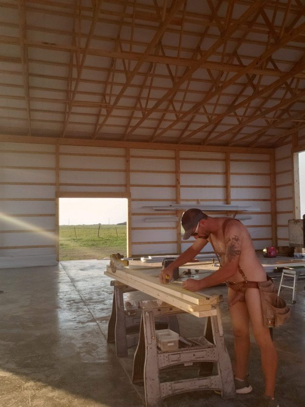 Album by GENTLEMANFREAK1975 with the username @GENTLEMANFREAK1975,  September 22, 2021 at 3:07 PM. The post is about the topic Naked in public and the text says 'beautiful day to build a barndominium! just me and my tools!'