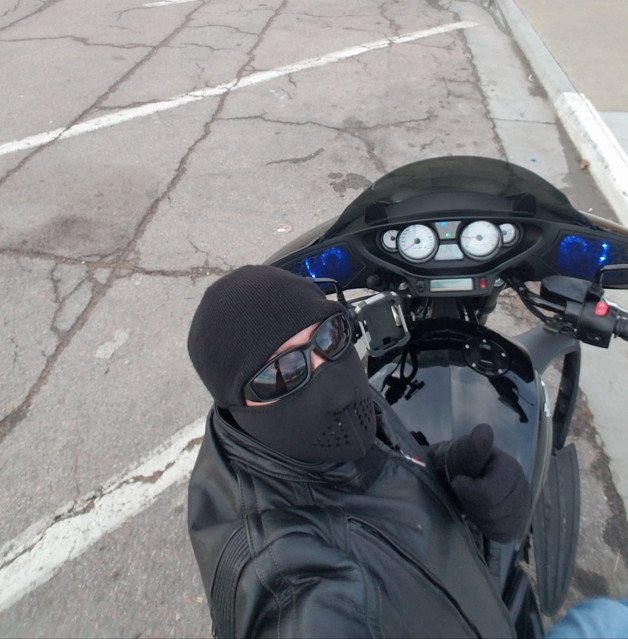 Photo by MotoPhlash with the username @MotoPhlash, who is a verified user,  December 5, 2021 at 7:25 PM and the text says 'Winter riding. Cum keep me warm'