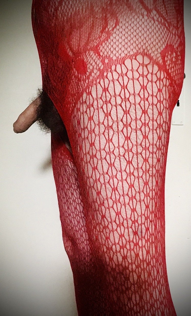 Photo by Hairyandsmall with the username @Hairyandsmall,  May 11, 2023 at 7:13 AM. The post is about the topic My little world and the text says 'my new red fishnet suit 💕😍'