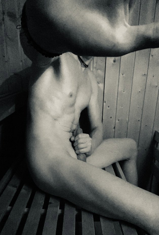 Photo by JimmyOutdoor with the username @JimmyOutdoor, who is a verified user, posted on January 3, 2022. The post is about the topic Guys in sauna and the text says 'My buddy caught me wanking🤭. #dick #uncut #naked #wank #sauna #public #nudism'