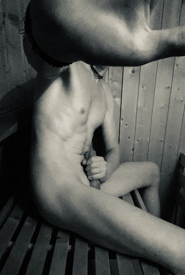 Photo by JimmyOutdoor with the username @JimmyOutdoor, who is a verified user,  January 3, 2022 at 9:36 PM. The post is about the topic Guys in sauna and the text says 'My buddy caught me wanking🤭. #dick #uncut #naked #wank #sauna #public #nudism'