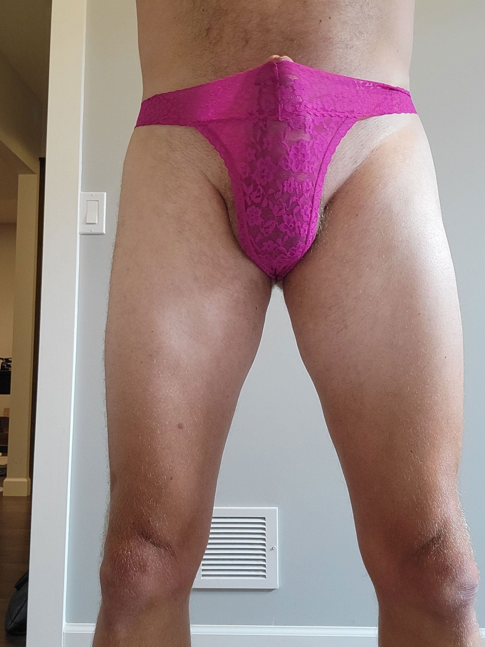 Photo by Cockluv101 with the username @Cockluv101,  April 6, 2024 at 2:28 AM. The post is about the topic Panty Bulge and the text says 'hot purple thong. got so excited busting out at the top'