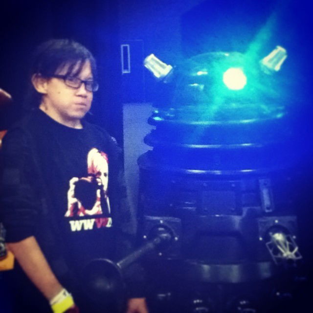 Photo by LilMissMorpho with the username @LilMissMorpho,  May 25, 2014 at 2:07 PM and the text says 'Daleks are Invading!! #DoctorWho #Daleks #DalekInvasion #armageddonexpo #daleks  #doctorwho  #armageddonexpo  #dalekinvasion'